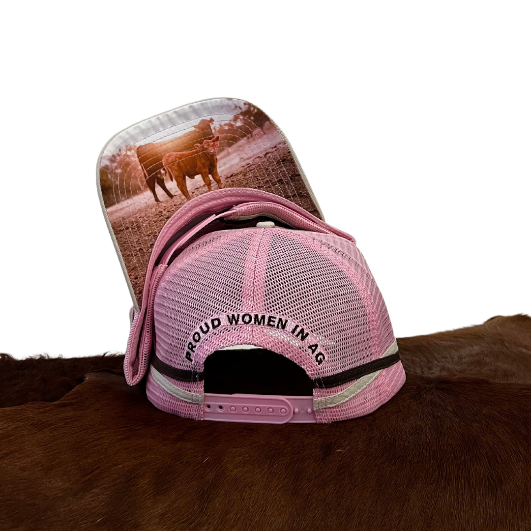Aussie Country Trucker Cap in Pink with Cow proud women in ag country and western brand queensland Australia