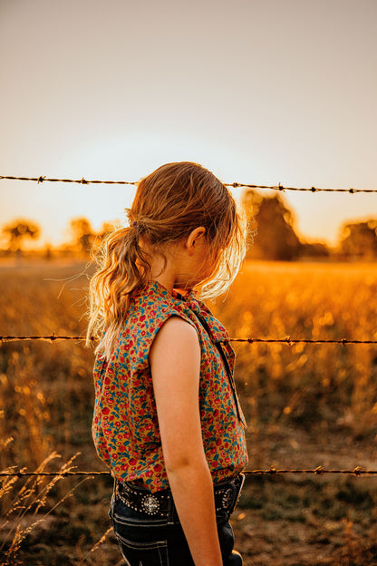 wearing mavericks western straw kids hat unchained eight sleeveless lacey shirt country and western shirt for baby and kids girls areana kids crule girl shirt bush kids buy from the bush