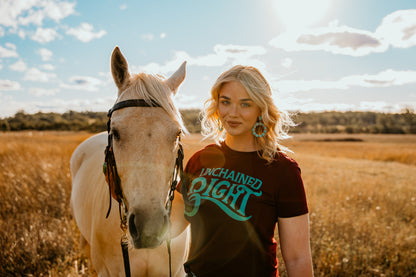 unchained eight burgie tee with girl wearing western shirt buffalo bills western quarter horse in rural australia buy from the bush cowgirl rodeo campdraft