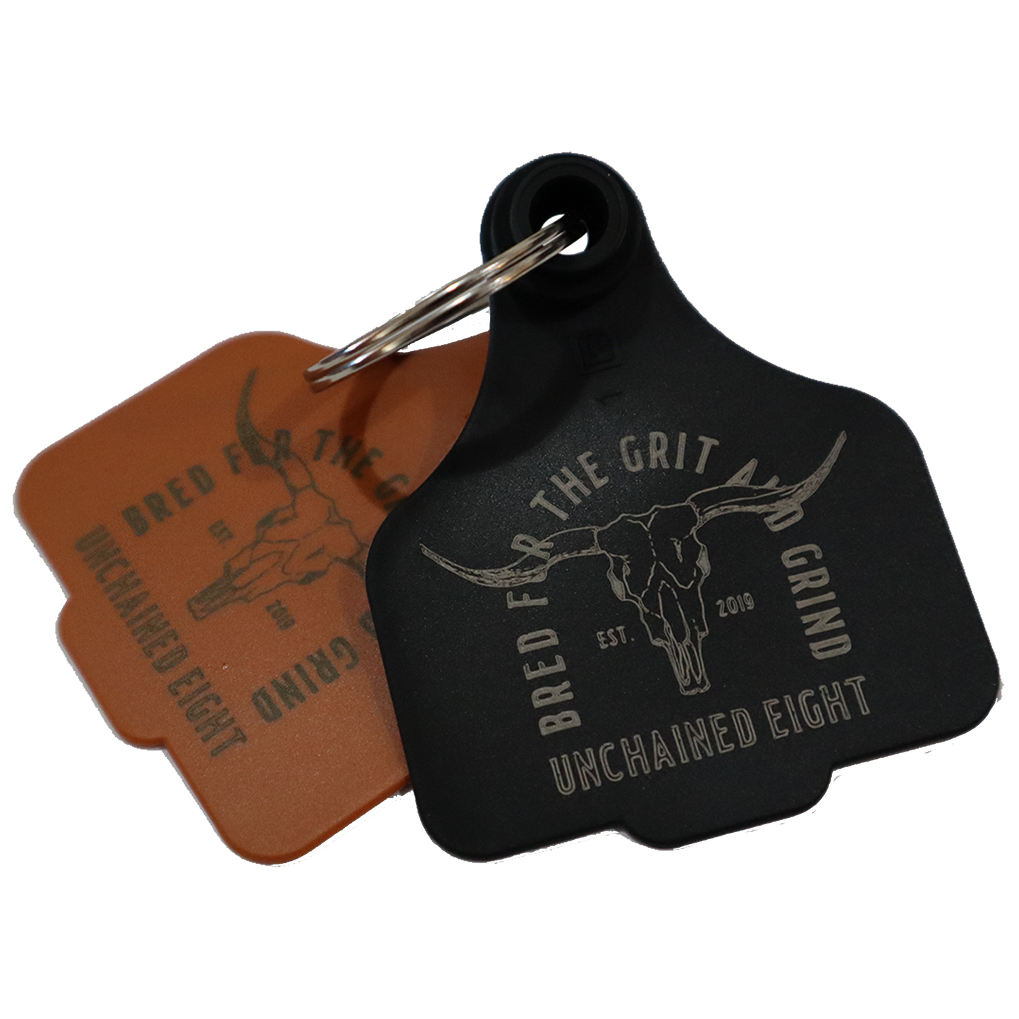 Brown and Black unchained eight cattle tag keyring with classic country and western wear logo