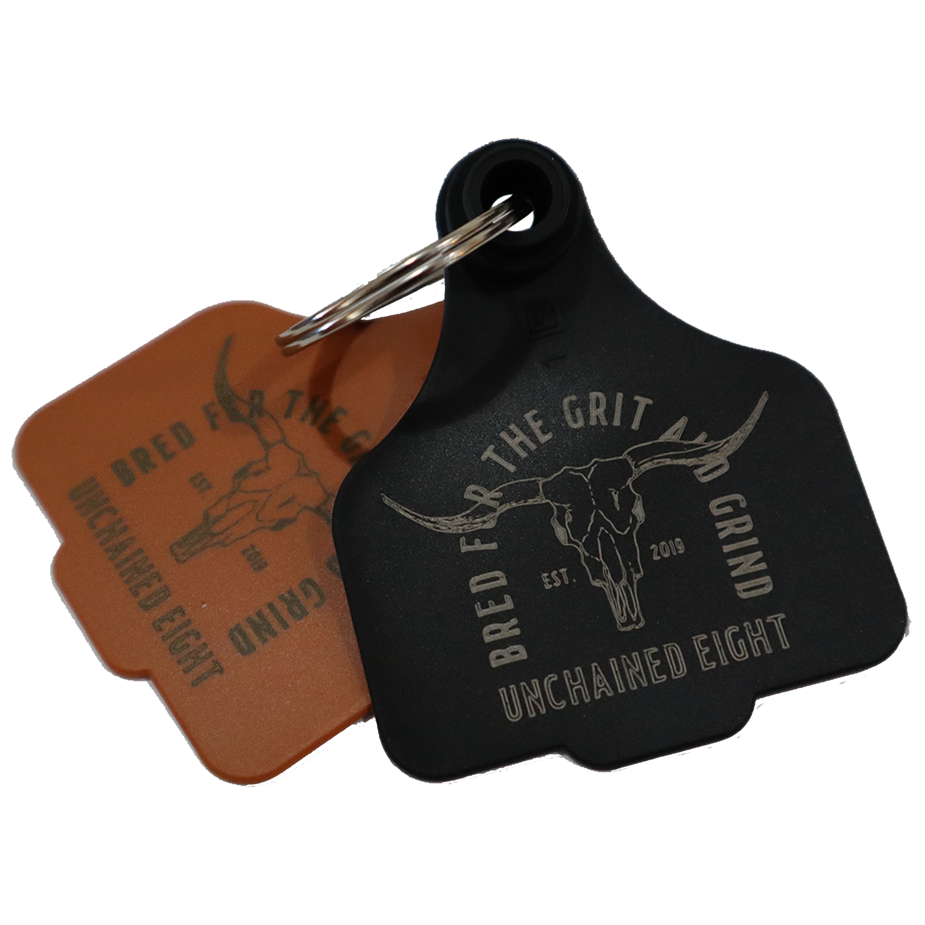 Brown and Black unchained eight cattle tag keyring with classic country and western wear logo