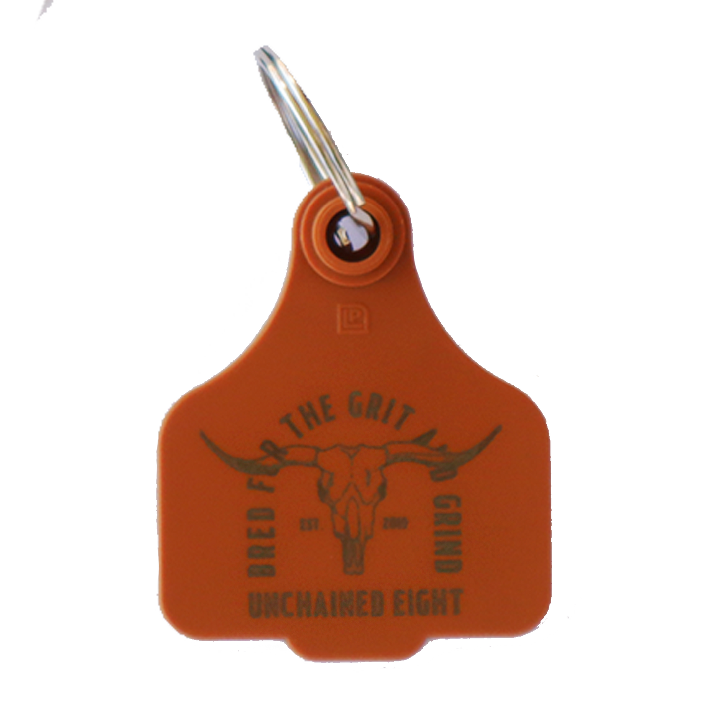 Brown unchained eight cattle tag keyring with classic country and western wear logo
