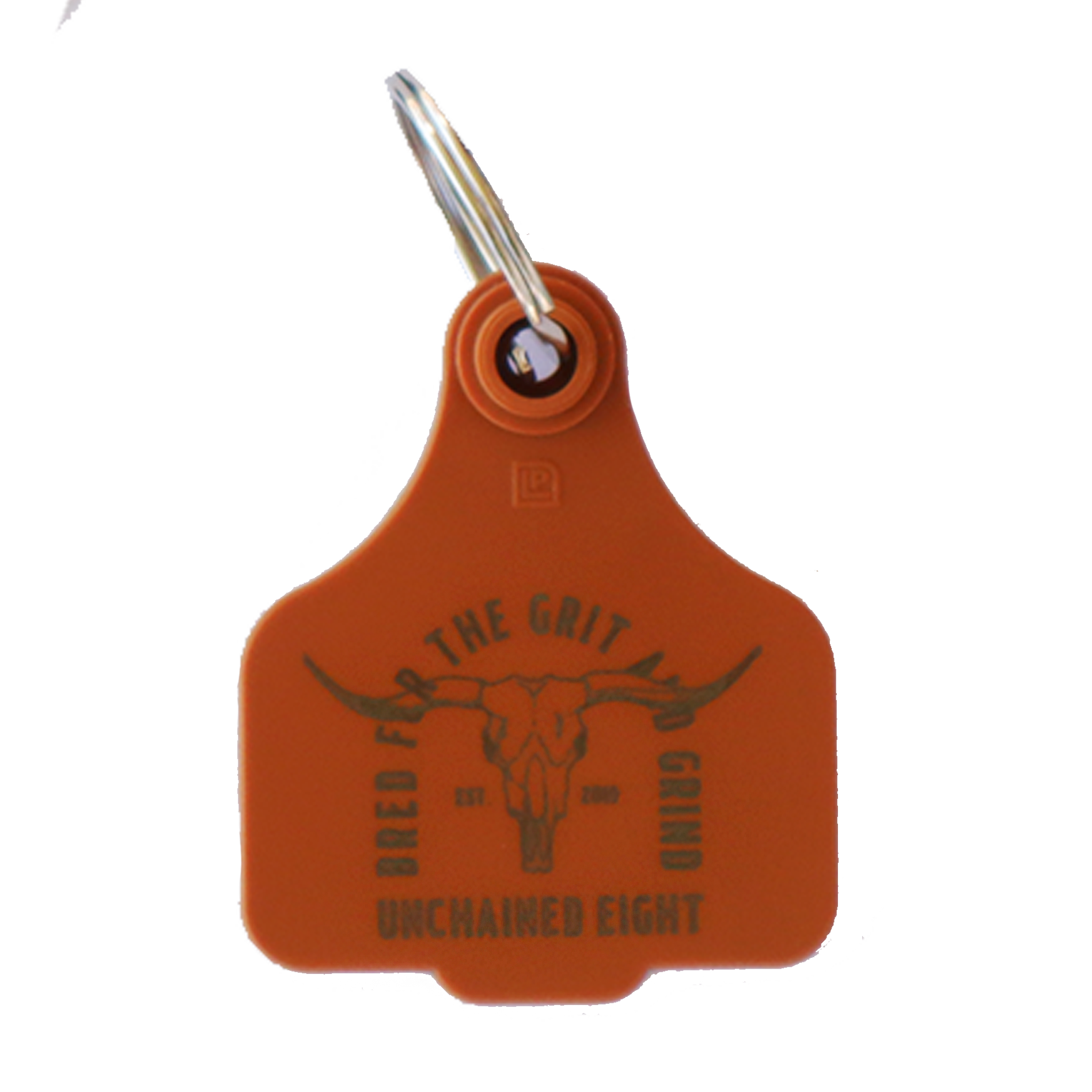Brown unchained eight cattle tag keyring with classic country and western wear logo