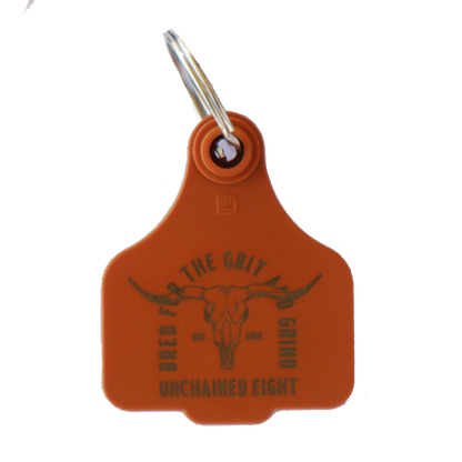 Brown unchained eight cattle tag keyring with classic country and western wear logo