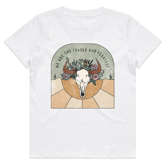 we are the feared & fearless unchained eight cpuntry and western tee tshirt for kids youth and ladies shirt has flower cowskull with cactus and sunset