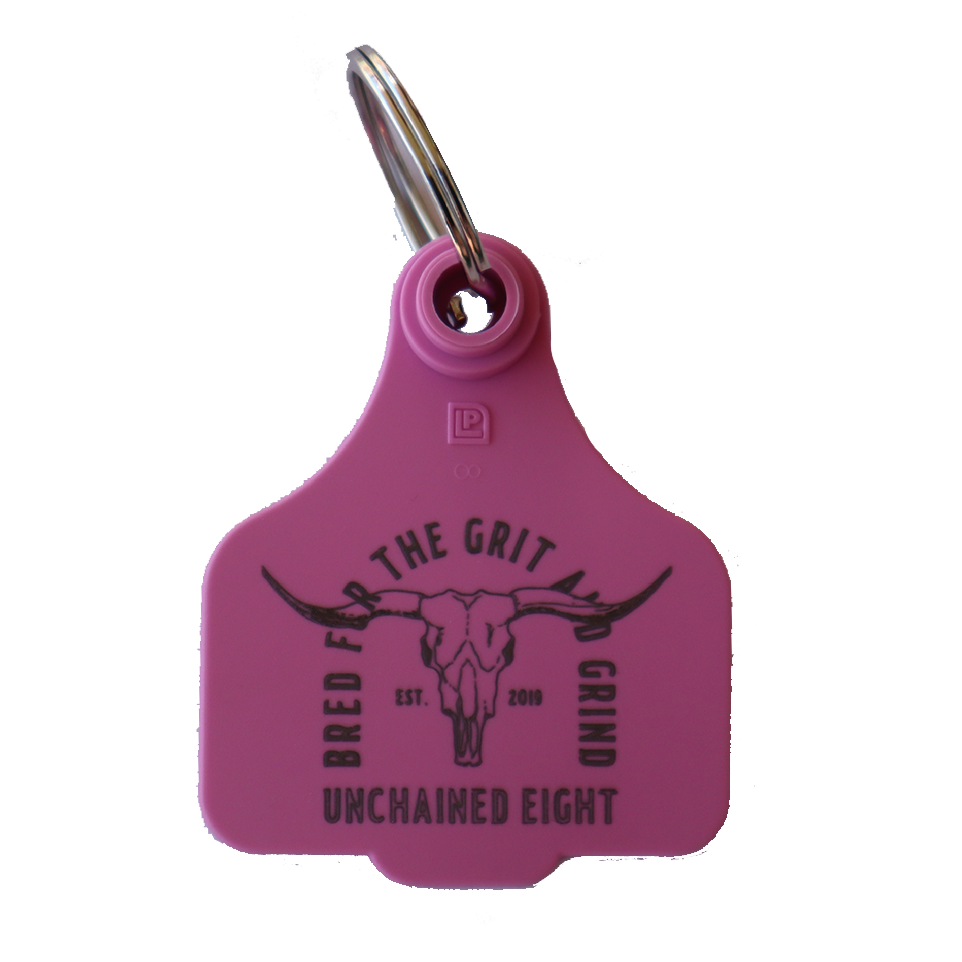 Pink unchained eight cattle tag keyring with classic country and western wear logo