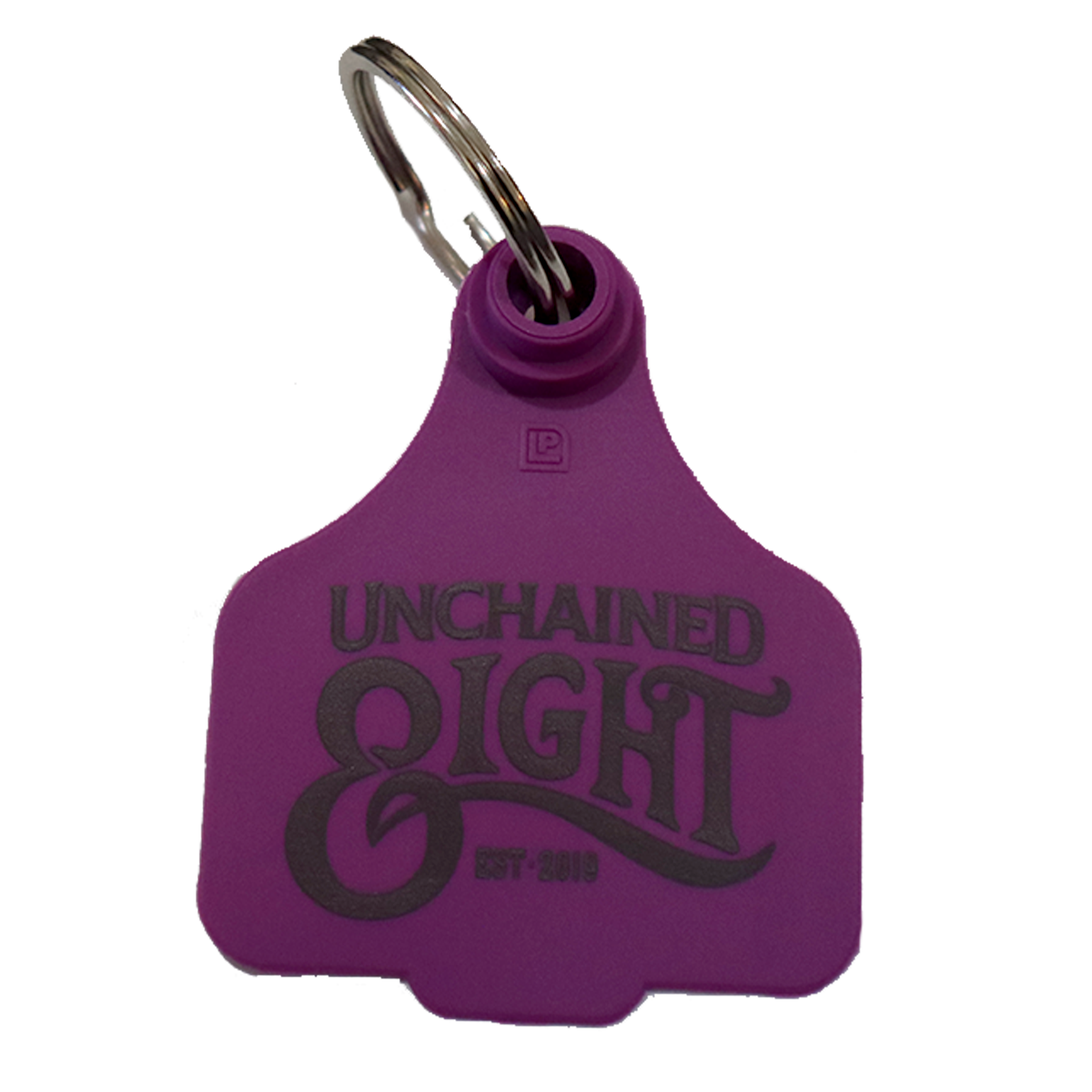 Purple unchained eight cattle tag keyring with classic country and western wear logo