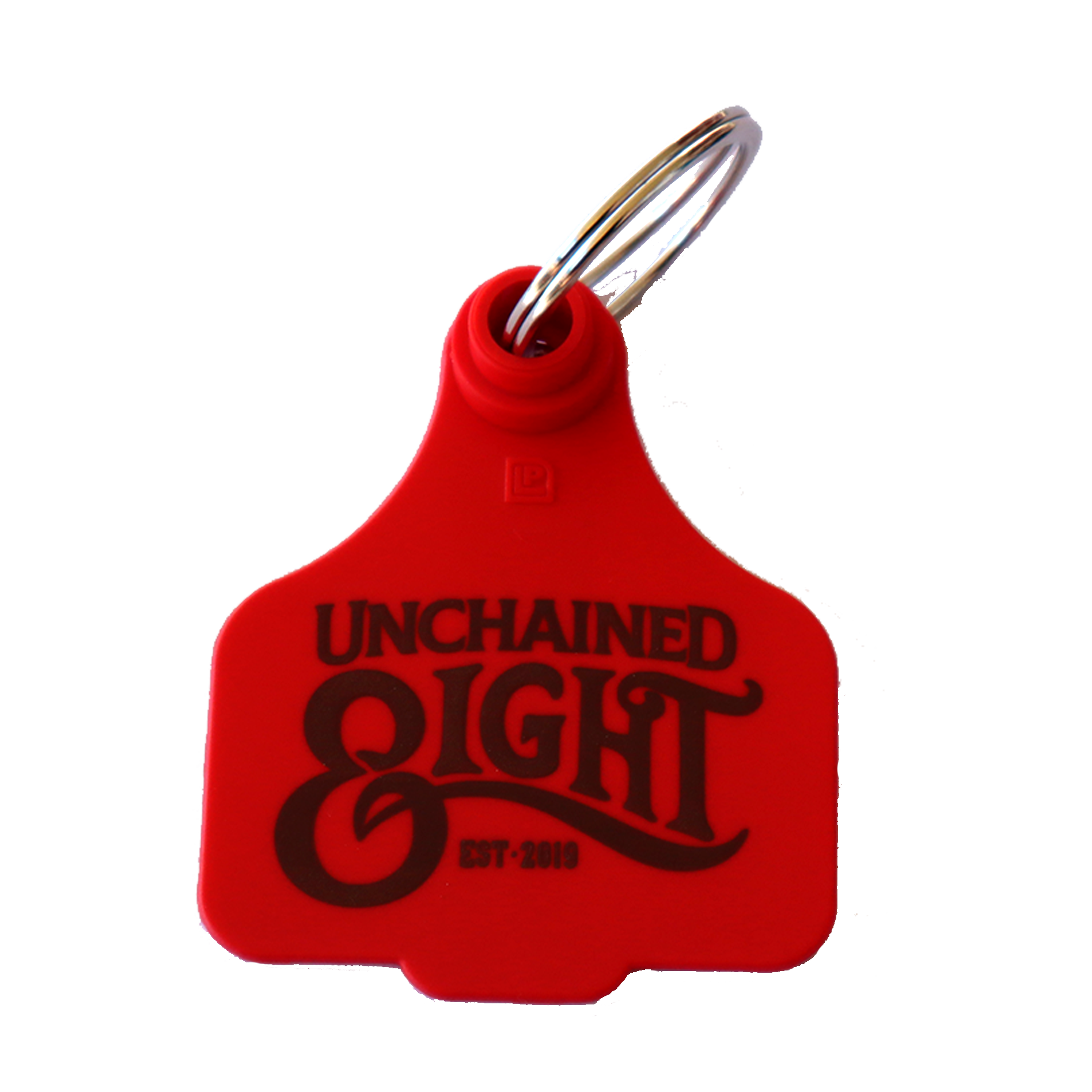 red unchained eight cattle tag keyring with classic country and western wear logo